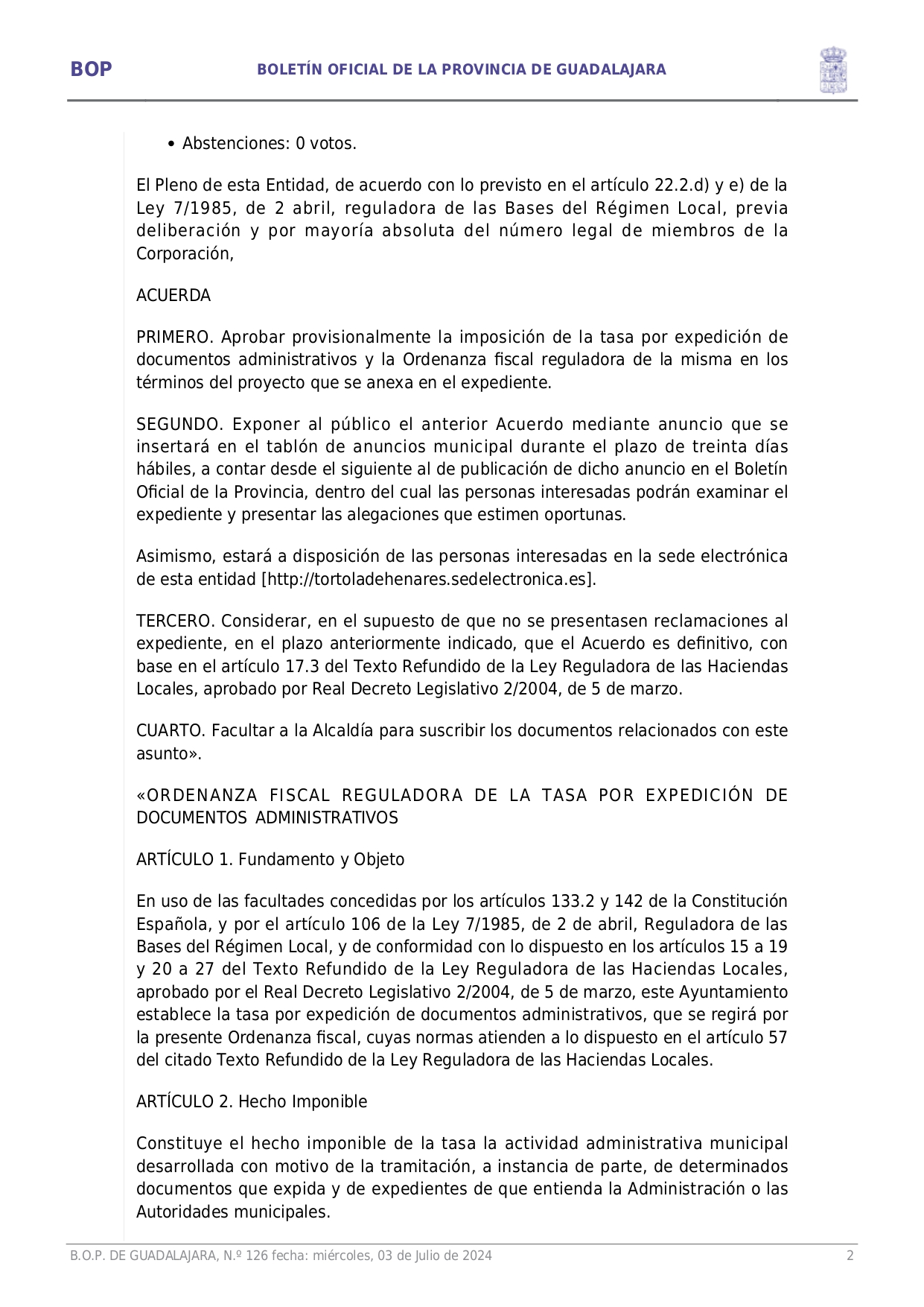 Aprobacin Definitiva Ordenanza Fiscal Reguladora Tasa Expedicin Documentos Administrativos Page0002