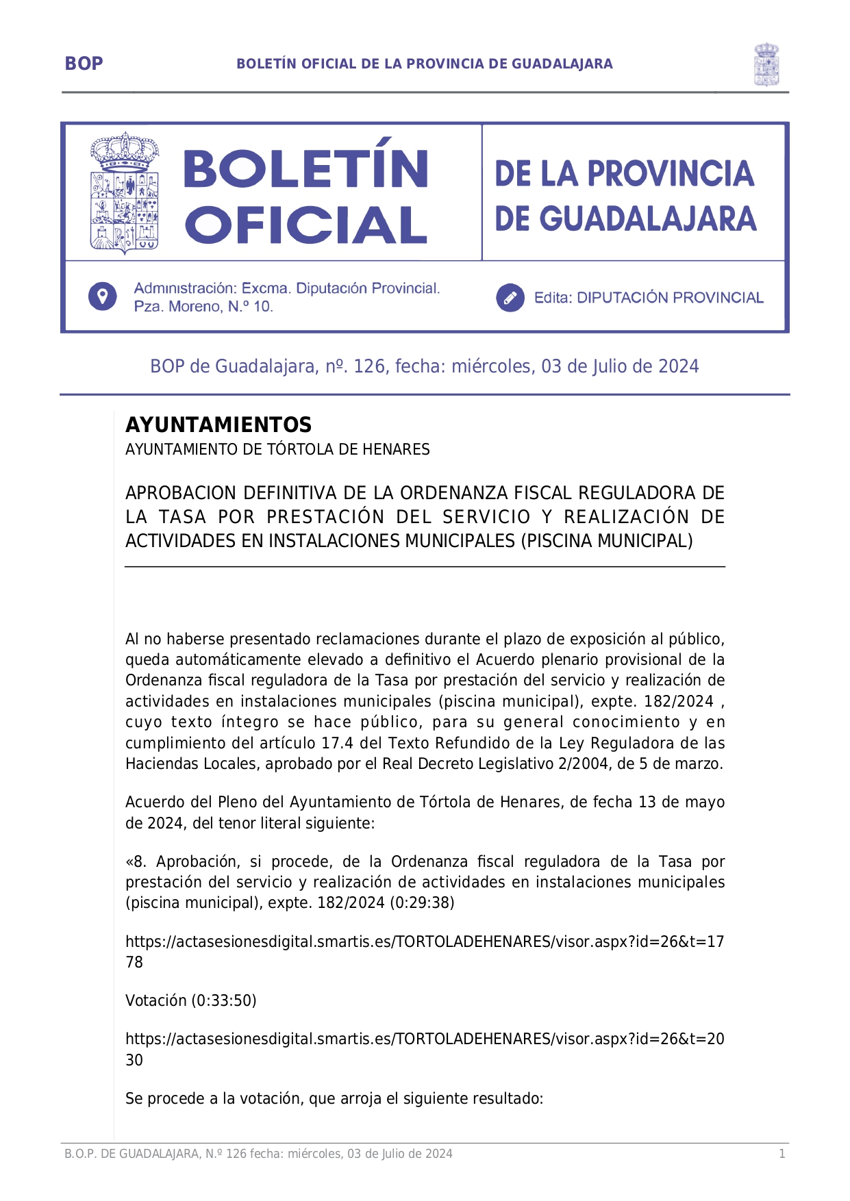 Aprobacin Definitiva Ordenanza Fiscal Reguladora Tasa Prestacin Servicio Y Realizacin Actividades Municipales Piscina Municipal Page0001