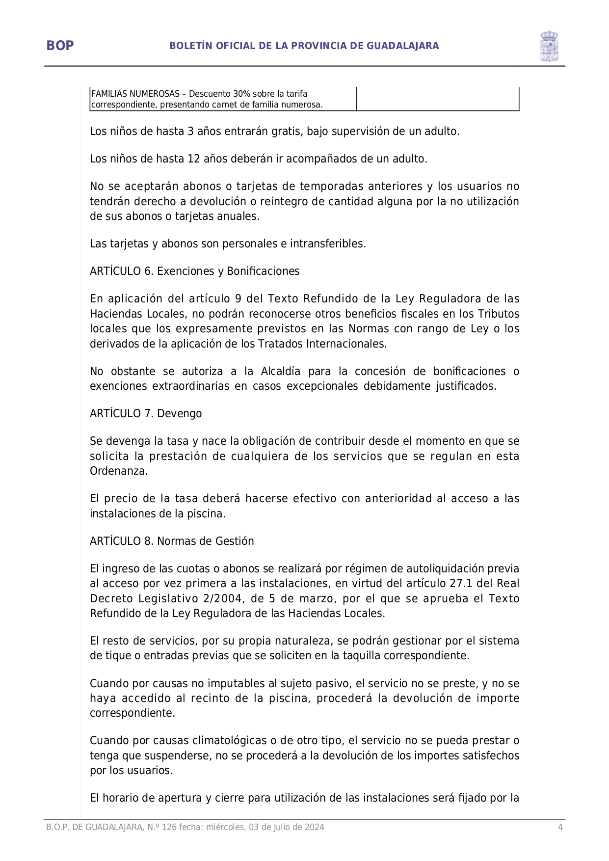 Aprobacin Definitiva Ordenanza Fiscal Reguladora Tasa Prestacin Servicio Y Realizacin Actividades Municipales Piscina Municipal Page0004