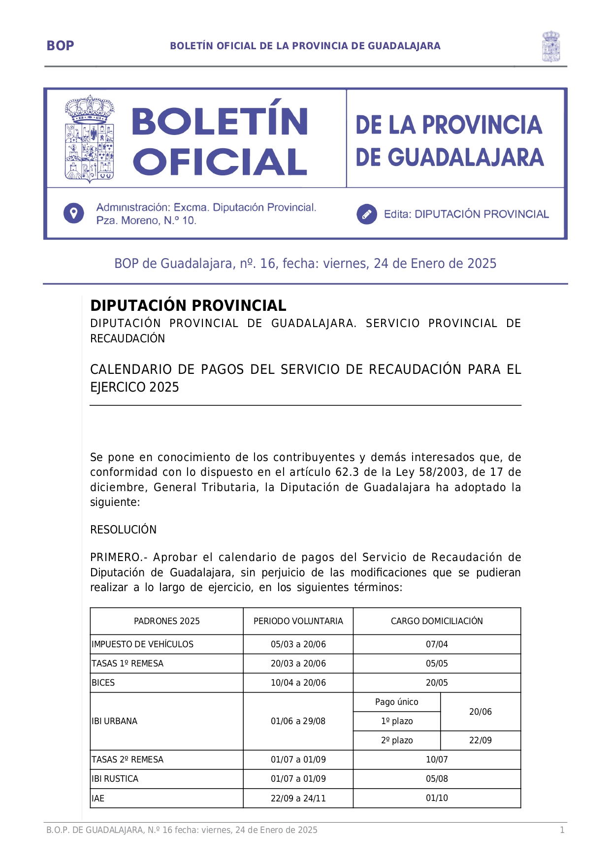 Calendario De Pagos Servicio Provincial Recaudacin 2025 Page001 Calendario De Pagos Servicio Provincial Recaudacin 2025 Page001