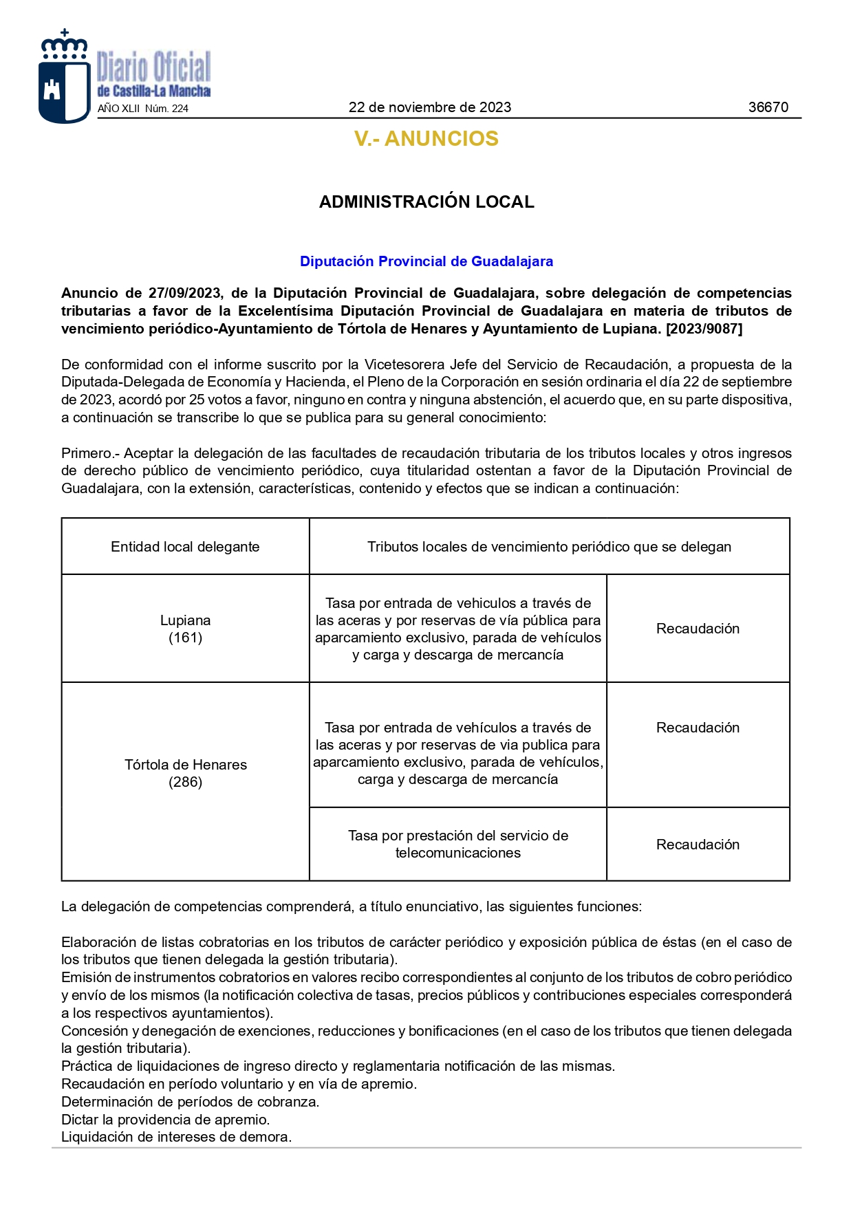 Delegacin Competencias Tributarias A Favor Diputacin Provincial Guadalajara Vados Y RITU Page0001