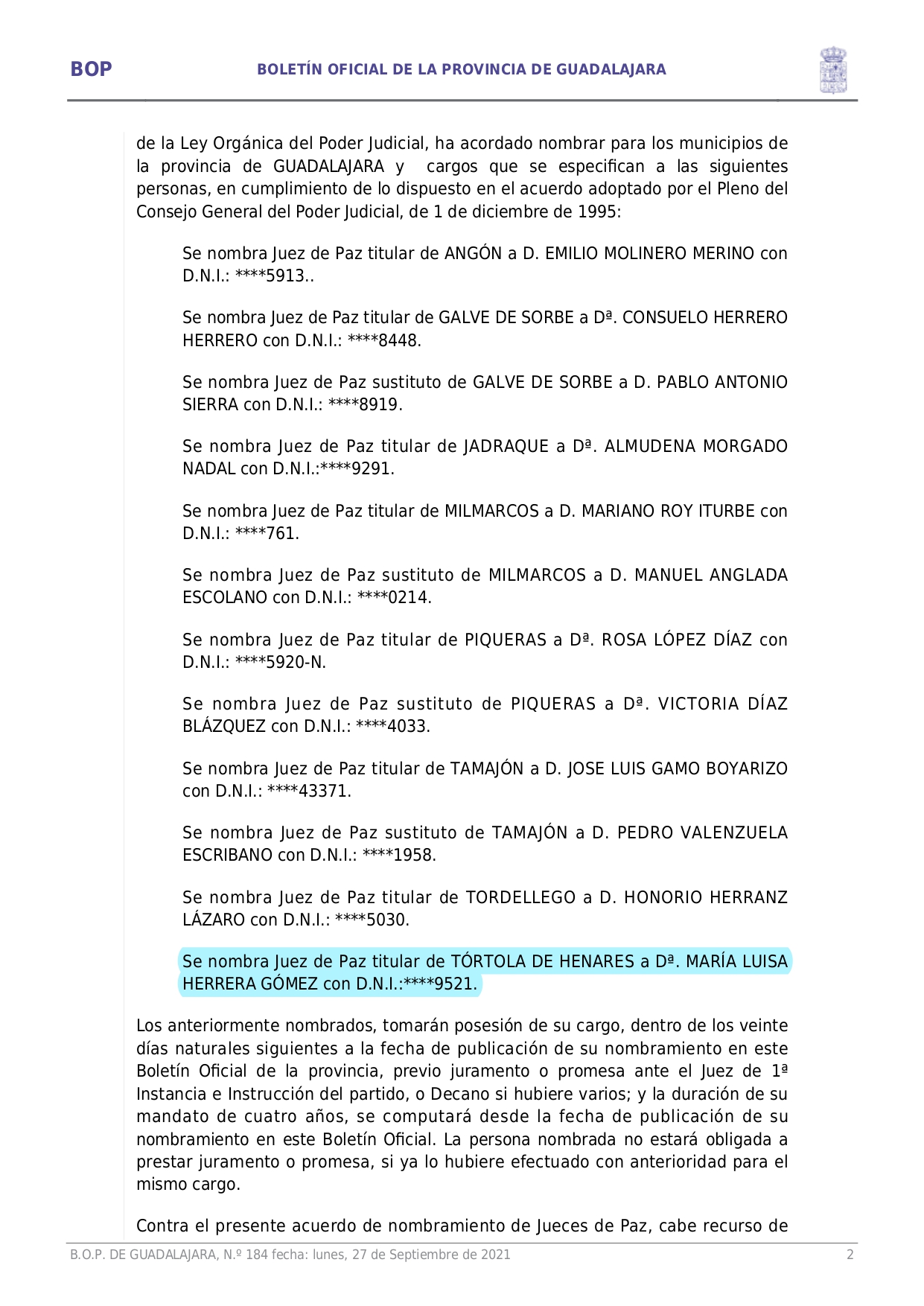 Nombramientos De Jueces De Paz En La Provincia De Guadalajara Page0002 Nombramientos De Jueces De Paz En La Provincia De Guadalajara Page0002